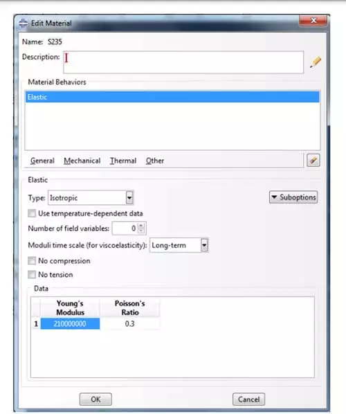 سپس Elasticity و بعد Elastic را انتخاب کرده و مقادیر مناسب برای مدول یانگ و ضریب پواسون را وارد کنید.