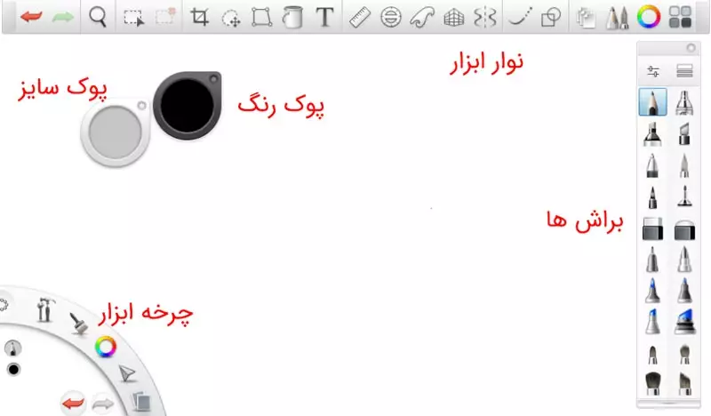اجزای اصلی رابط کاربری با فلش مشخص شده اند
