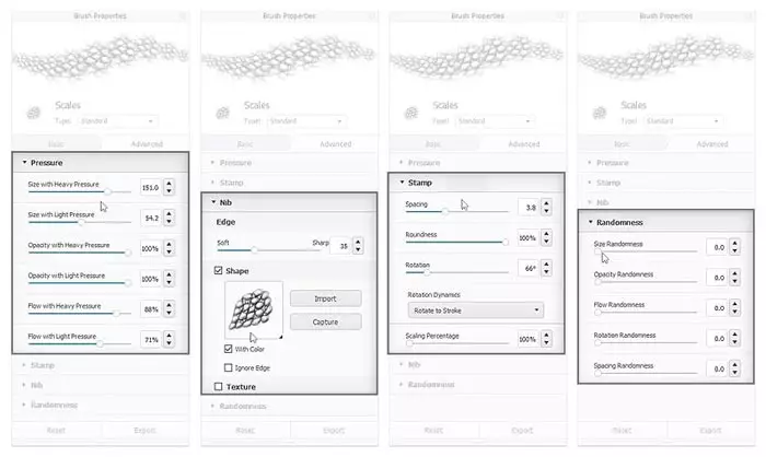 پنل تنظیمات: شامل تنظیمات پیشرفته مانند افکت‌ها، تنظیمات شفافیت و تنظیمات brush .