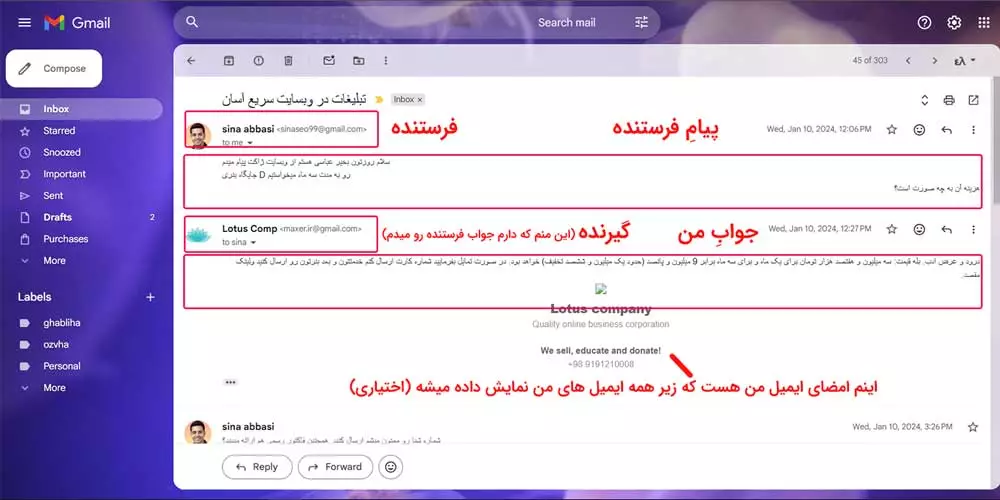 اجزای دریافت و ارسال ایمیل
