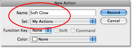 The 'New Action' dialog box in Photoshop. 