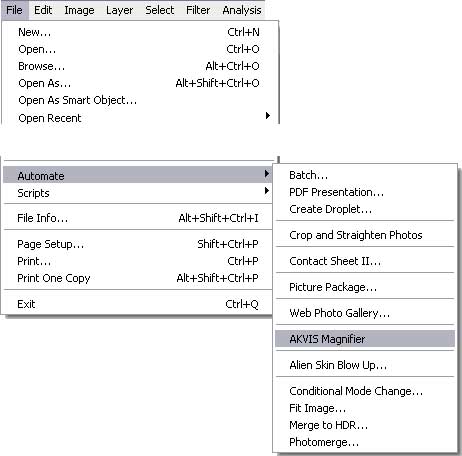 File -> Automate -> AKVIS Magnifier