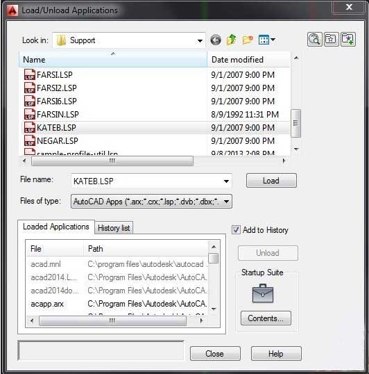 منو Tools و گزینه Load applications فایل Kateb.lsp را لود کنید.