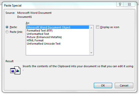روی Paste Special کلیک کنید. از پنجره باز شده Microsoft Word Document Object را انتخاب کنید