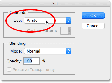 Changing the Use option to White in the Fill dialog box in Photoshop. Image © 2016 Photoshop Essentials.com