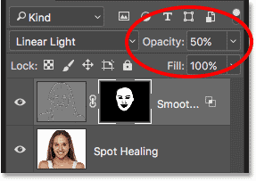 Lowering the opacity of the Smooth Skin layer in Photoshop