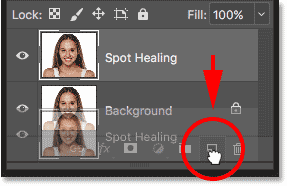 Making a copy of the Spot Healing layer in the Layers panel in Photoshop