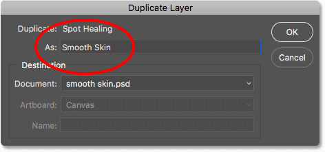 Naming the new layer 'Smooth Skin' in Photoshop