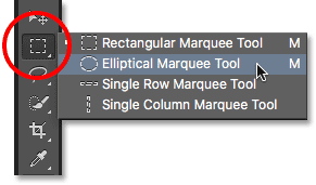 Selecting the Elliptical Marquee Tool from the Tools panel.  Image © 2016 Photoshop Essentials.com