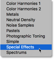 Selecting the Special Effects gradient set. 