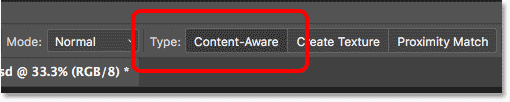 Setting the Spot Healing Brush to Content-Aware in the Options Bar