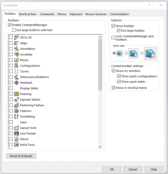 SolidWorks customization tab