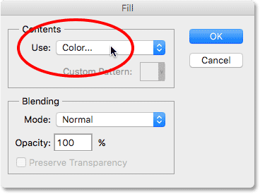 The Fill dialog box in Photoshop.  Image © 2016 Photoshop Essentials.com