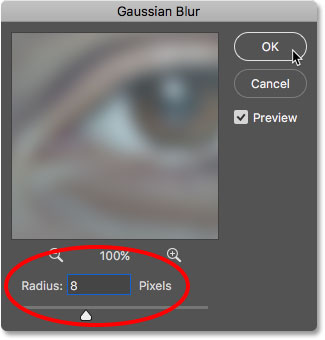 The Gaussian Blur dialog box