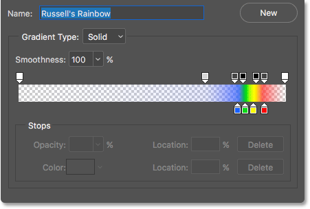 The Gradient Editor showing us what the Russell's Rainbow gradient looks like. 