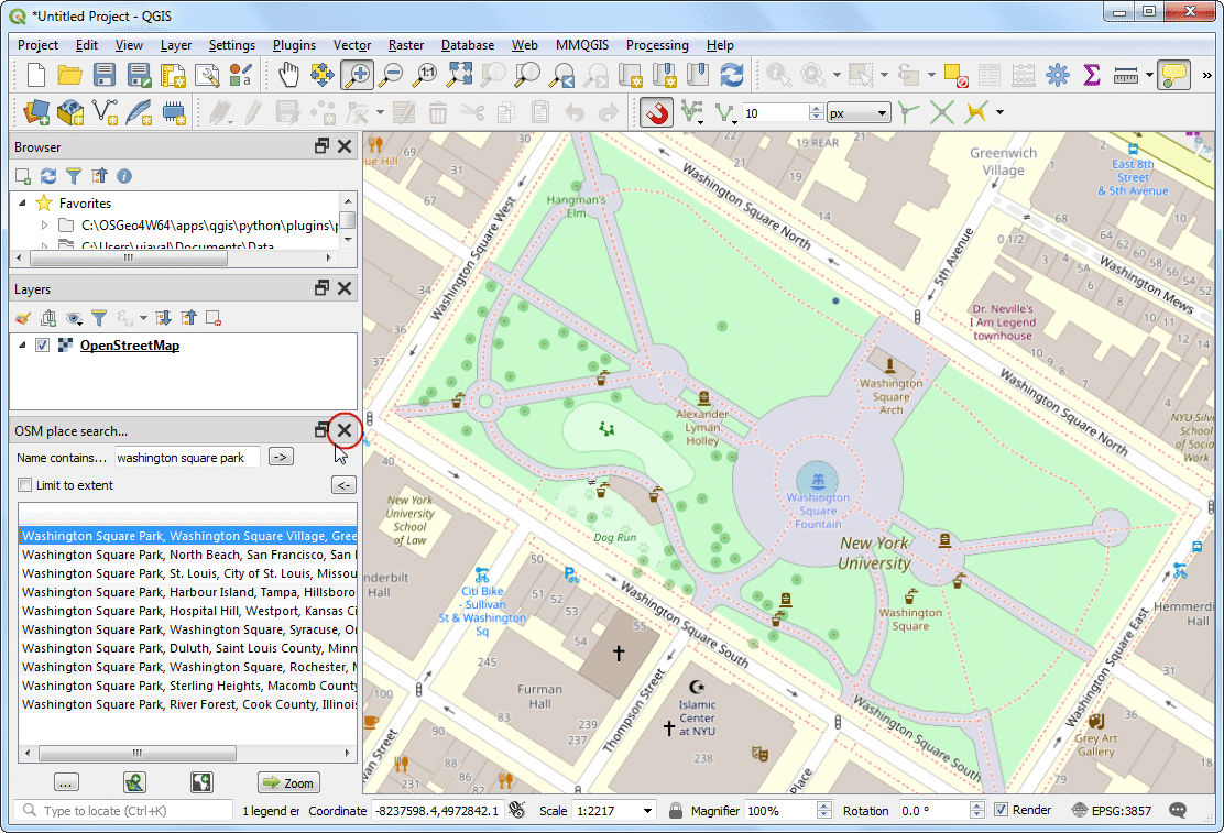 انتخاب مسیر View>Panels>OSM Place Search