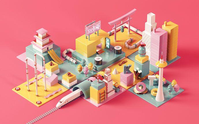 isometric design pink and yellow and green city