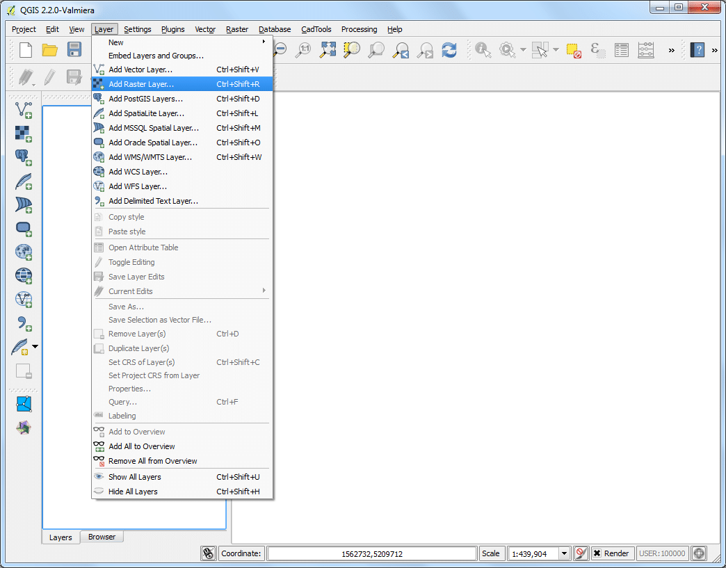به Layer بروید، سپس روی Add Raster Layer کلیک کنید. فایل BX24_GeoTifv1-02.tif دانلود شده را جایگذاری کرده و روی Open کلیک کنید.