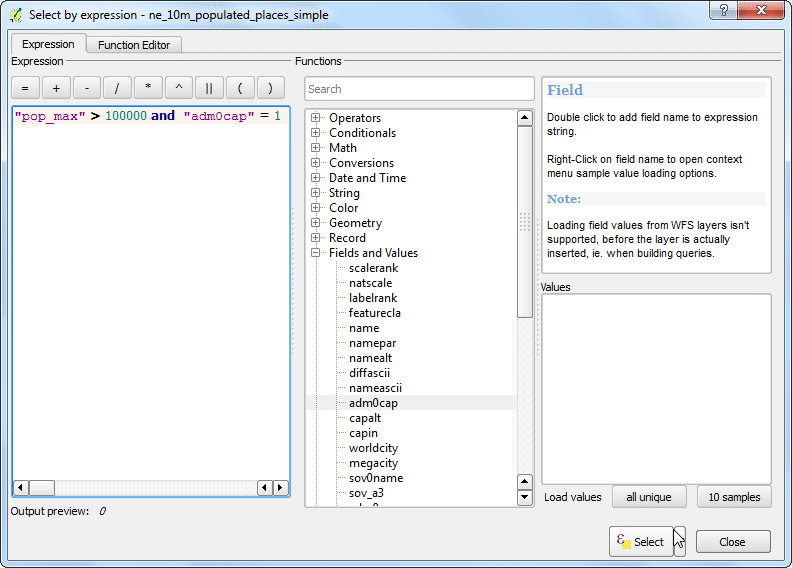 روی دکمه Select feature using an expression در attribute table کلیک کرده و عبارت"pop_max" > 1000000 and "adm0cap" = 1 را وارد کنید. سپس روی Select و بعد Close کلیک کنید.