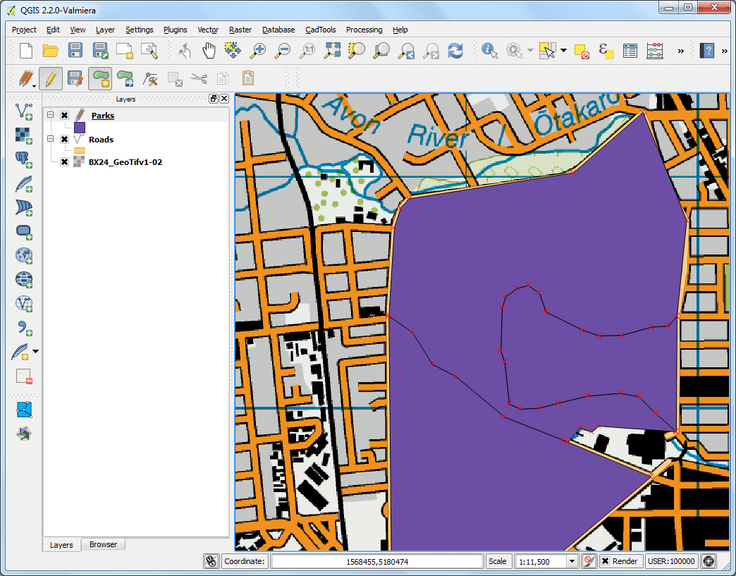 وقتی لایه Buildings اضافه شد، لایه Parks و Roads را غیر فعال کرده تا نقشه توپولوژیک پایه قابل مشاهده باشد. لایه Buildings را انتخاب کرده و روی Toggle Editing کلیک کنید.