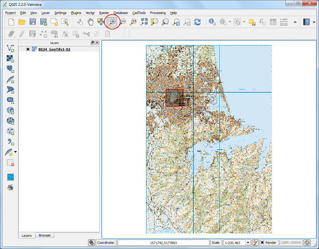 به پنجره اصلی QGIS برگردید، از ابزار Zoom برای مکان یابی ناحیه Hagley Park در Christchurch استفاده کنید