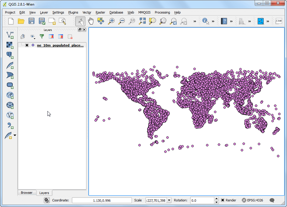 لایه انتخاب شده اکنون در QGIS باگذاری شده است و می بینید که نقاط بسیاری، مکانهای پر جمعیت جهان را نشان می دهند.