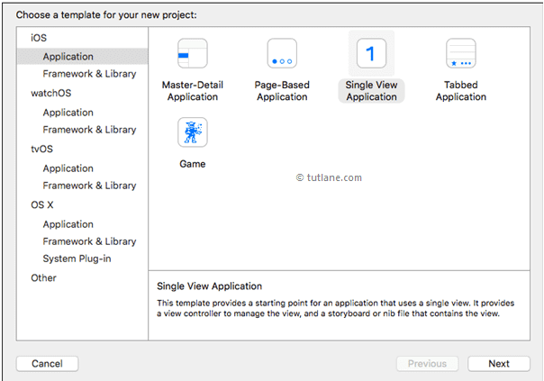 Select single view application from ios xcode templates