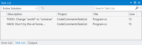 نمایش کامنت در Task List ویژوال استودیو