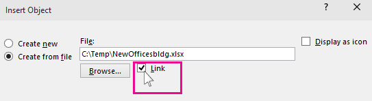 قبل از بستن کادر Insert Object ، Link را انتخاب کنید و OK را بزنید.