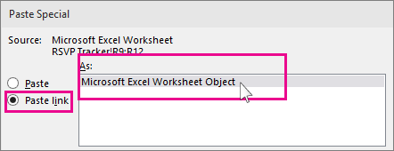 در کادر Paste Special، روی link Paste کلیک کنید و سپس در زیر As ، Microsoft Excel Worksheet Object را انتخاب کنید.