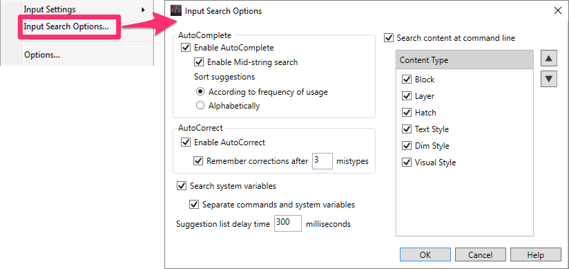 Input Search Options را از منوی Customization انتخاب کنید تا کادر گفتگوی آن را باز کنید.