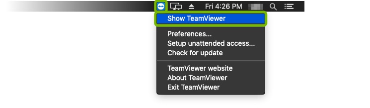آیکون TeamViewer را در سمت راست بالای نوار فهرست انتخاب کنید و Show TeamViewer را انتخاب کنید.