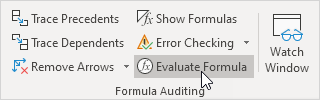 در تب Formulas در بخش Formula Auditing، روی گزینه Evaluate Formula کلیک کنید.