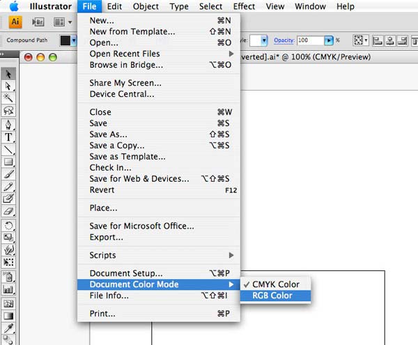 (File > Document Color Mode > RGB Color)