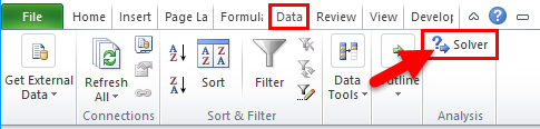 به تب Data قسمت Solver می رویم.