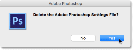 Choose Yes when asked if you want to delete the Photoshop Settings file.