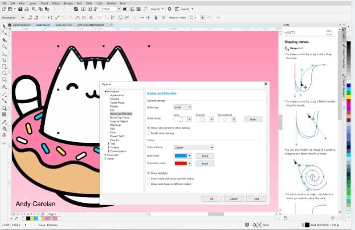 Corel draw app with a white cat on a pink background.