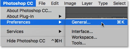 Selecting Photoshop's Preferences.