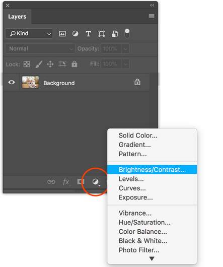 Create new fill or adjustment layer، سپس Brightness / Contrast را از لیست بازشو انتخاب کنید.