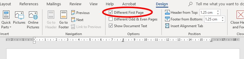 در تب Design فعال شده، تیک گزینه "Different First Page" را اعمال کنید.