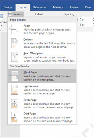 برای ایجاد یک بخش جدید، در تب Layout در گروه Page Setup روی گزینه Breaks کلیک کنید. از لیست آن Next Page را انتخاب کنید.