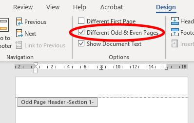 به تب Design که فعال شده بروید و تیک گزینه "Different Odd & Even Pages" را قرار دهید.