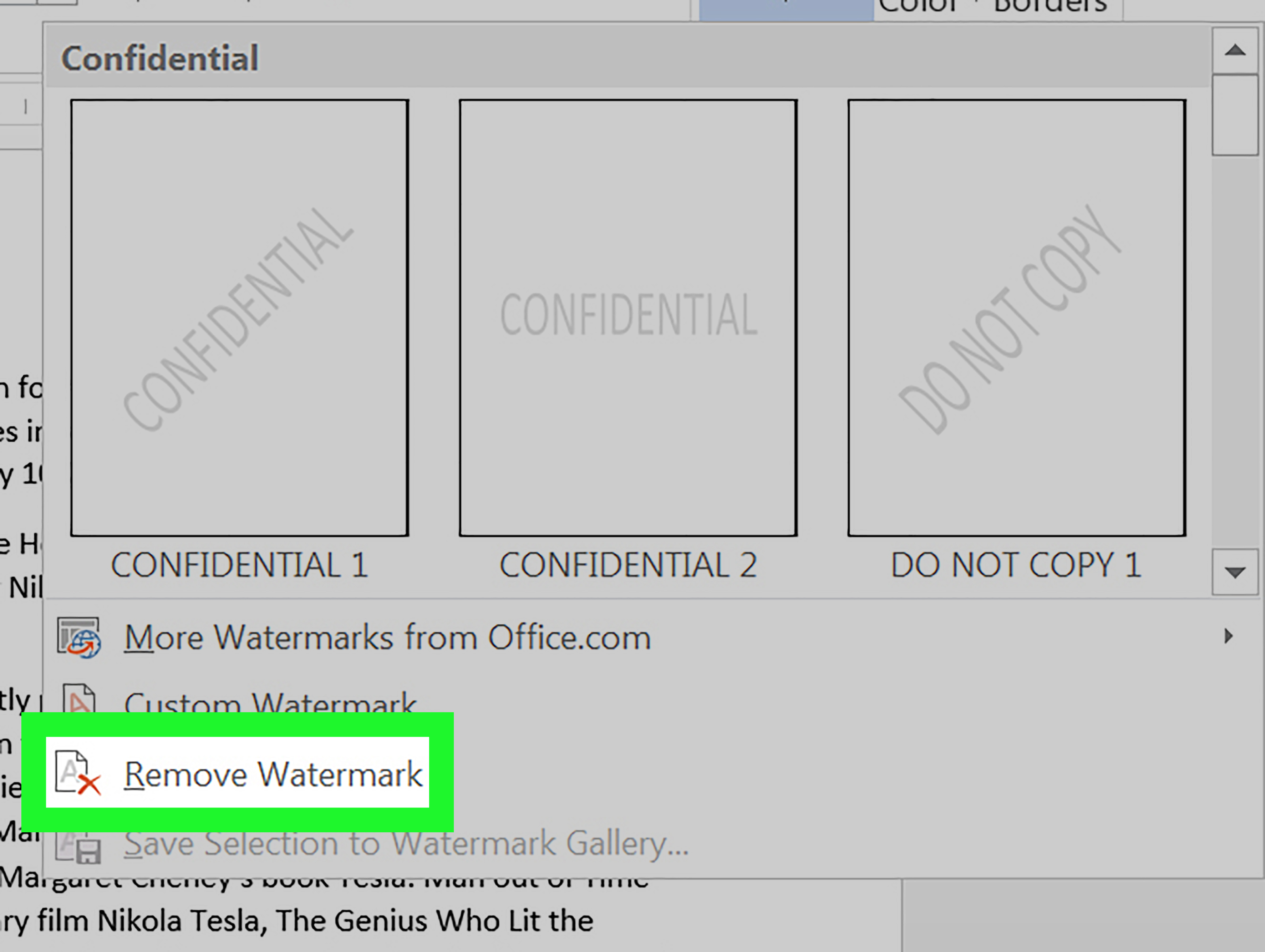 در تب Design روی Watermark کنید سپس از لیست آن گزینه Remove Watermark را انتخاب کنید تا واترمارک حذف شود.