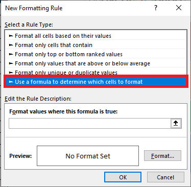 در پنجره باز شده گزینه Use a formula to determine which cells to format را از لیست انتخاب کنید.