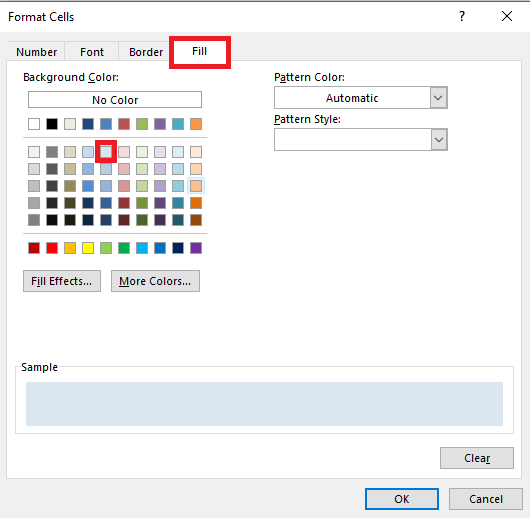 به تب Fill بروید و با استفاده از کادر Format Color، یک رنگ به دلخواه انتخاب کنید. روی OK کلیک کنید.