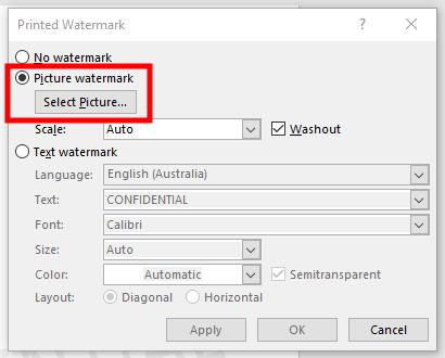 به Custom Watermark در لیست Watermark بروید. در پنجره باز شده در قسمت Picture Watermark روی دکمه "Select Picture" کلیک کنید.