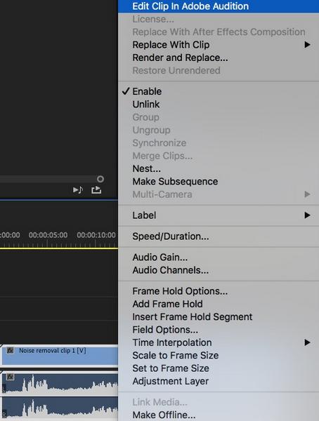پس از بارگزاری کلیپ در سکانس پریمیر روی آن راست کلید کنید و از میان گزینه های منوی راست کلیک Edit Clip In Adobe Audition را انتخاب کنید.