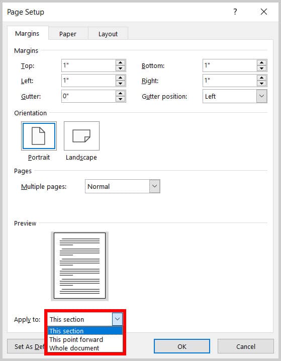 Apply to menu in the Page Setup dialog box in Word 365