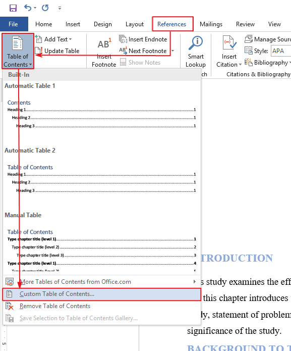 Inserting Table of Content on Word: Go References>Table of Content>Custom Table of Contents