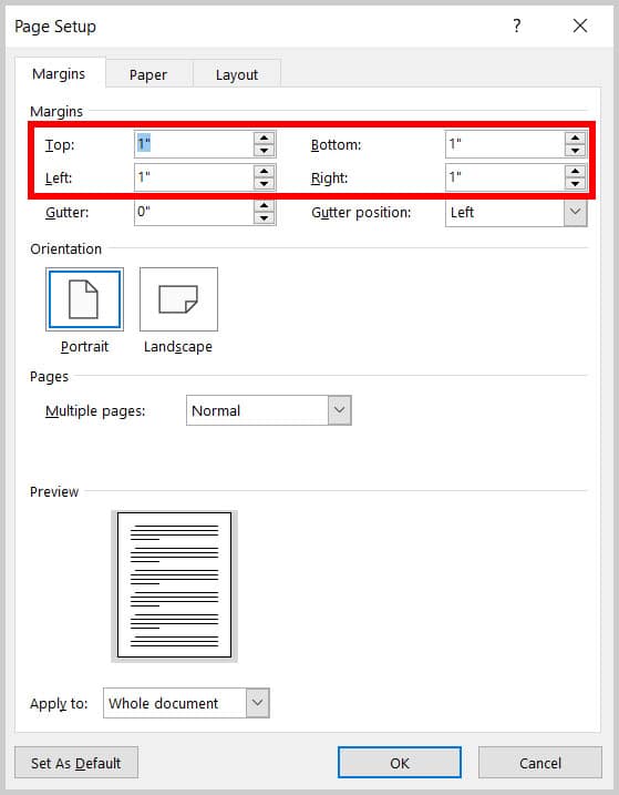 Margin text boxes in the Page Setup dialog box in Word 365